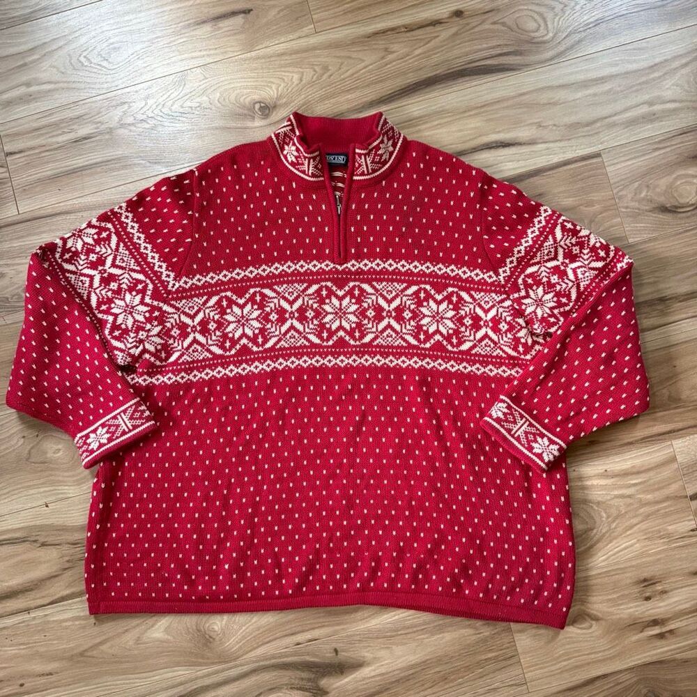 Lands' End Men’s Red White Nordic Snowflake Quarter Zip Knit Sweater Size 2XL